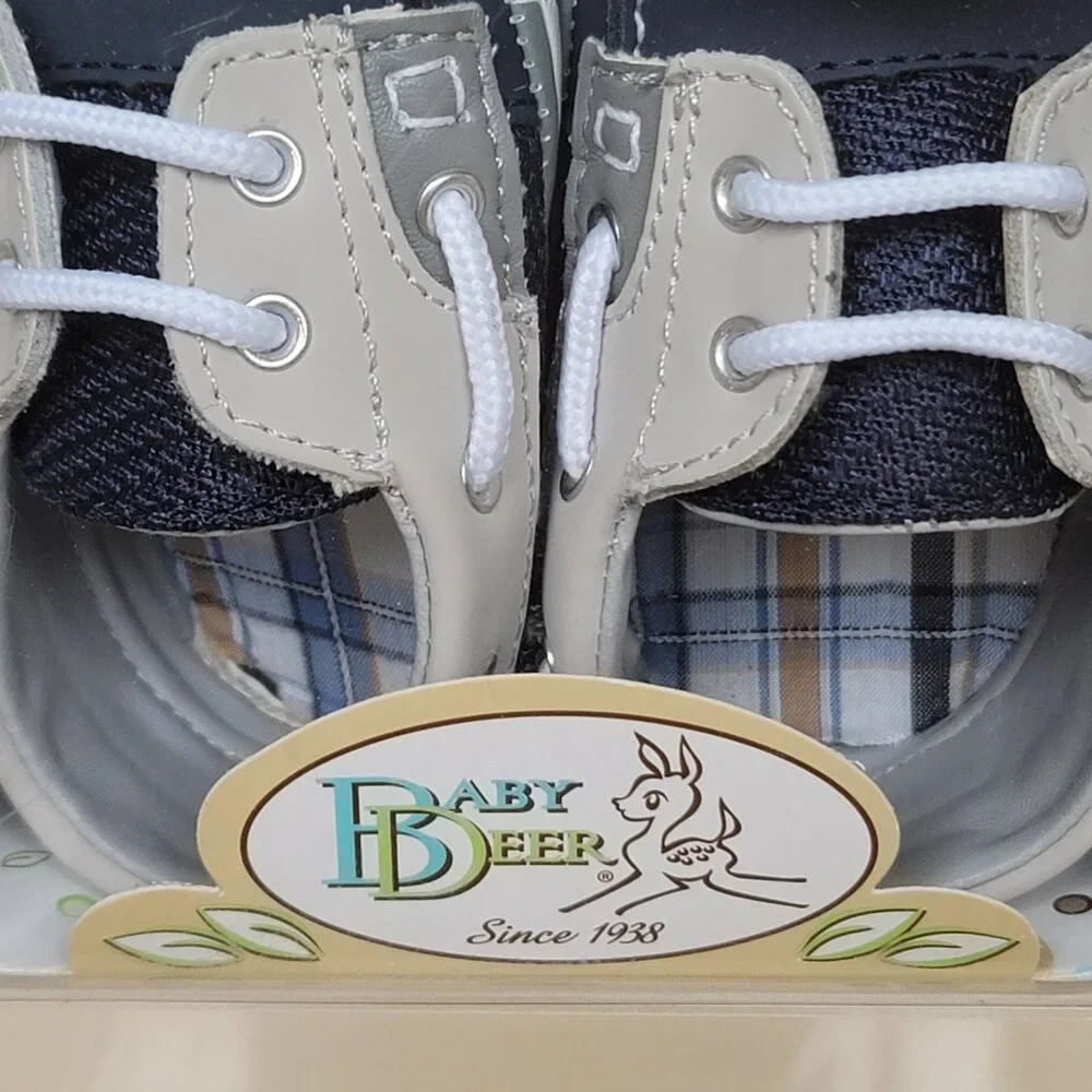Trimfoot Co. Baby Boy Crawling Blue Beige Loafer Crib Shoes Size 3 6-9 Months